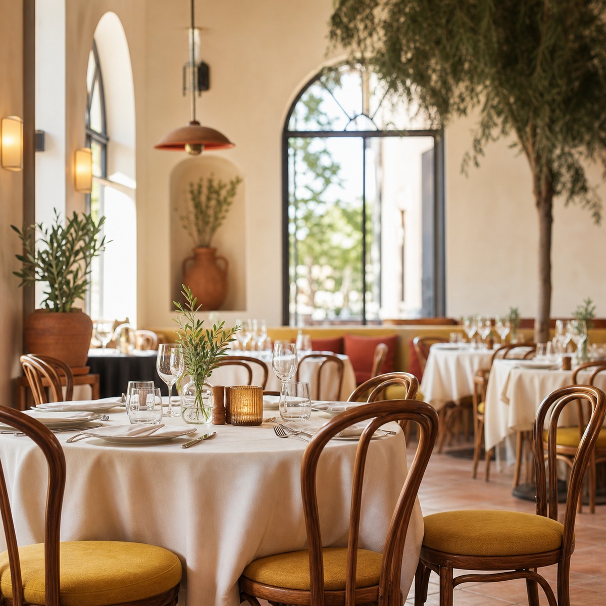 Bright restaurant dining room with wooden chairs and set tables
