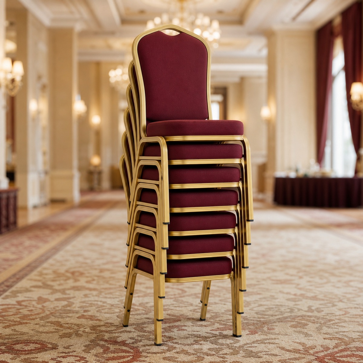 Stacked banquet chairs for events