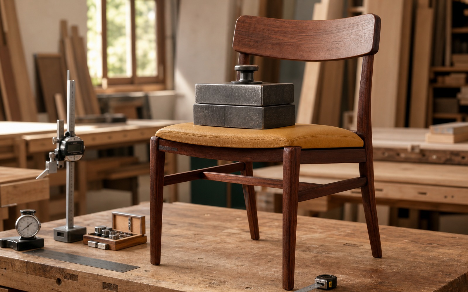 Load testing a wooden restaurant chair in the workshop